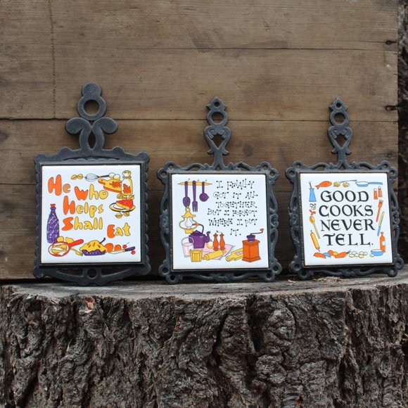 Vintage Cast Iron Ceramic Kitchen Trivets – Set of 3 –Arco 1970s Funny Sayings - Picture 11 of 16
